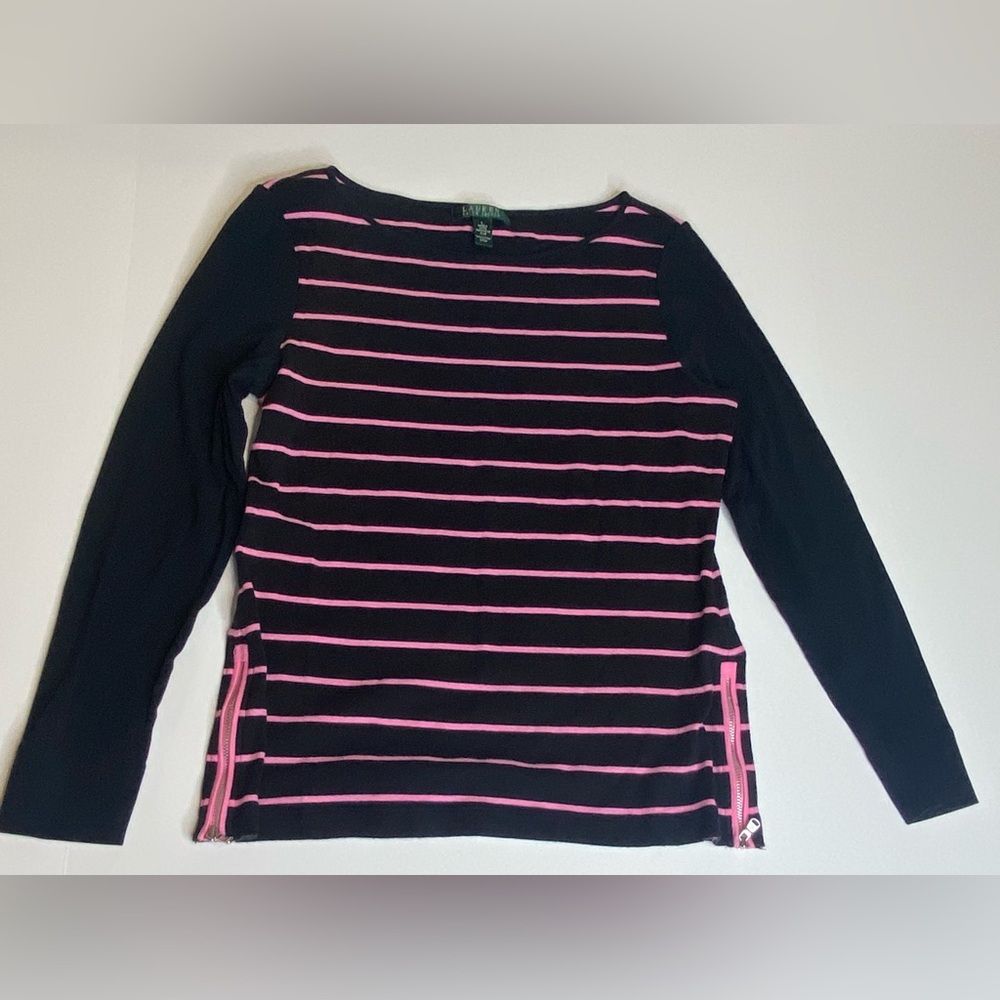 Lauren Ralph Lauren Large Pink Striped Sweater Shirt Soft Chic Preppy‎ - Picture 7 of 14
